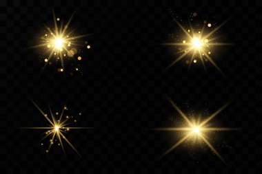 Işık etkisi. Parlak Yıldız. Işık şeffaf bir arkaplanda patlar. Parlak güneş.