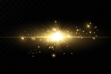 Güneşin patlaması siyah arka planda izole edilmiş altın yıldızlar parlıyor. Efektler, parıltı, çizgiler, parıltı, patlama, altın ışık. Vektör çizimi. Ayarla.