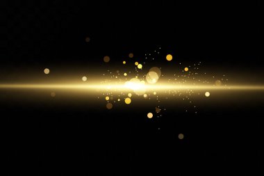 Bir dizi altın ışık efekti. Parlamalar ve parıltılar. Parlak ışık huzmeleri. Parlak çizgiler. Vektör çizimi. Noel flaşı. toz.