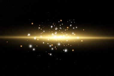 Bir dizi altın ışık efekti. Parlamalar ve parıltılar. Parlak ışık huzmeleri. Parlak çizgiler. Vektör çizimi. Noel flaşı. toz.