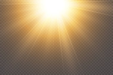 Işık etkisi. Parlak Yıldız. Işık şeffaf bir arkaplanda patlar. Parlak güneş.