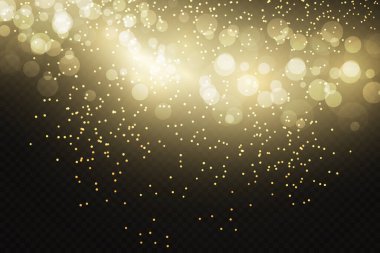 Parlak ışık efekti. Şeffaf bir arkaplanda vektör parıldıyor. Noel ışığı etkisi. Parıldayan sihirli toz parçacıkları. Toz kıvılcımları ve altın yıldızlar özel ışıkla parlıyor..