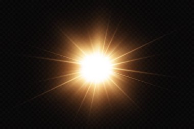 Şeffaf arka planda izole edilmiş parlak altın yıldızlar. Efektler, parıltı, çizgiler, parıltı, patlama, altın ışık. Vektör illüstrasyonu