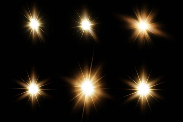 Сияющие Золотые Звезды Изолированы Прозрачном Фоне Эффекты Блики Линии Блестки — стоковый вектор