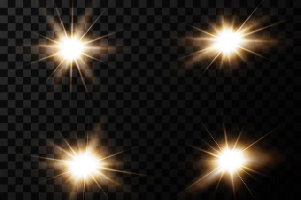 Estrellas Doradas Brillantes Aisladas Sobre Fondo Transparente Efectos Deslumbramiento Líneas — Archivo Imágenes Vectoriales