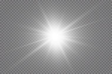 Işık etkisi. Parlak Yıldız. Işık şeffaf bir arkaplanda patlar. Parlak güneş.