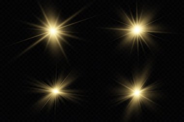 Siyah arka planda izole edilmiş parlak altın yıldızlar. Efektler, parıltı, çizgiler, parıltı, patlama, altın ışık. Vektör illüstrasyonu