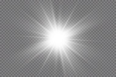 Işık etkisi. Parlak Yıldız. Işık şeffaf bir arkaplanda patlar. Parlak güneş.