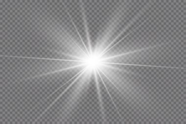 Işık etkisi. Parlak Yıldız. Işık şeffaf bir arkaplanda patlar. Parlak güneş.