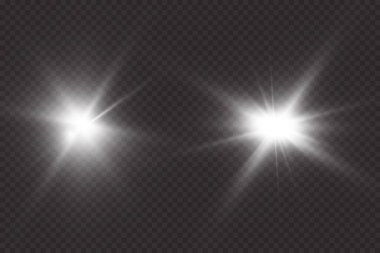 Işık etkisi. Parlak Yıldız. Işık şeffaf bir arkaplanda patlar. Parlak güneş.