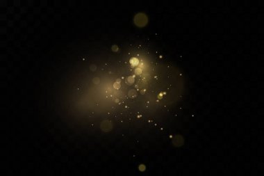 Noel ışığı etkisi. Parıldayan sihirli toz parçacıkları. Toz kıvılcımları ve altın yıldızlar özel ışıkla parlıyor..