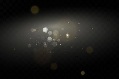 Sarı tozlu pankart. Güzel afişler üzerinde hafif bir etki. Toz etkisi. Karanlık bir arka planda toz parçacıkları titreşiyor. Vektör çizimi. Sihirli. Noel.