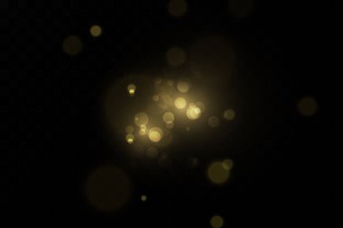 Sarı tozlu pankart. Güzel afişler üzerinde hafif bir etki. Toz etkisi. Karanlık bir arka planda toz parçacıkları titreşiyor. Vektör çizimi. Sihirli. Noel.