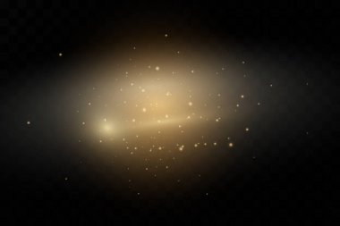 Sarı tozlu pankart. Güzel afişler üzerinde hafif bir etki. Toz etkisi. Karanlık bir arka planda toz parçacıkları titreşiyor. Vektör çizimi. Sihirli. Noel.