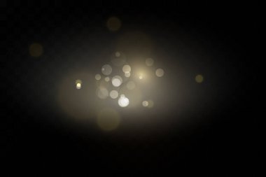 Sarı tozlu pankart. Güzel afişler üzerinde hafif bir etki. Toz etkisi. Karanlık bir arka planda toz parçacıkları titreşiyor. Vektör çizimi. Sihirli. Noel.