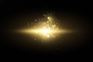 Sarı tozlu pankart. Güzel afişler üzerinde hafif bir etki. Toz etkisi. Karanlık bir arka planda toz parçacıkları titreşiyor. Vektör çizimi. Sihirli. Noel.