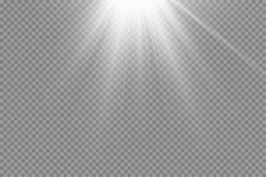 Güneş ışınları. Parlayan ışık şeffaf bir arkaplanda patlar. Kirişle. Şeffaf parlak güneş, parlak ışık.
