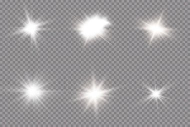 Işık etkisi. Parlak Yıldız. Işık şeffaf bir arkaplanda patlar. Parlak güneş.