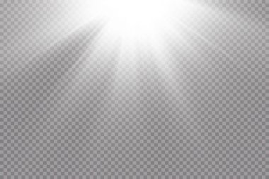 Güneş ışınları. Parlayan ışık şeffaf bir arkaplanda patlar. Kirişle. Şeffaf parlak güneş, parlak ışık.