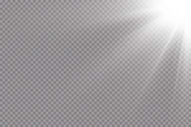 Güneş ışınları. Parlayan ışık şeffaf bir arkaplanda patlar. Kirişle. Şeffaf parlak güneş, parlak ışık.