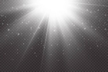 Güneş ışınları. Parlayan ışık şeffaf bir arkaplanda patlar. Kirişle. Şeffaf parlak güneş, parlak ışık.