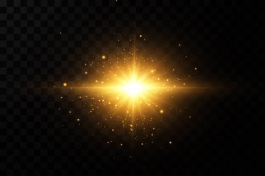 Işık etkisi. Parlak Yıldız. Işık şeffaf bir arkaplanda patlar. Parlak güneş.