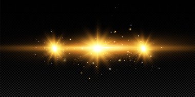 Siyah arka planda izole edilmiş parlak altın yıldızlar. Efektler, parıltı, çizgiler, parıltı, patlama, altın ışık. Vektör illüstrasyonu