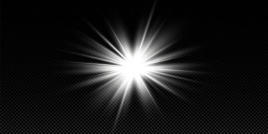 Işık etkisi. Parlak Yıldız. Işık şeffaf bir arkaplanda patlar. Parlak güneş.