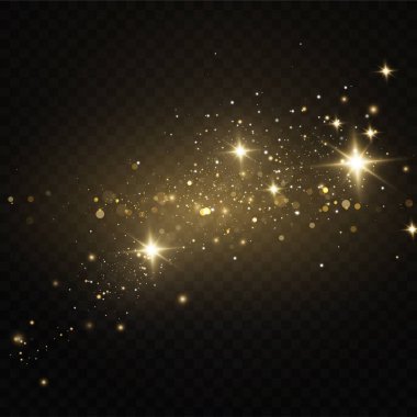 Noel ışığı etkisi. Parıldayan sihirli toz parçacıkları. Toz kıvılcımları ve altın yıldızlar özel ışıkla parlıyor..