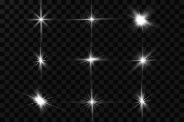 Işık etkisi. Parlak Yıldız. Işık şeffaf bir arkaplanda patlar. Parlak güneş.