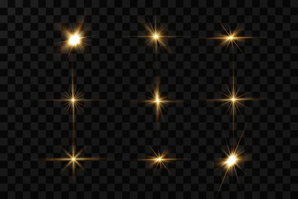Estrellas Doradas Efecto Brillo Luces Brillantes Sol Vector — Vector de stock