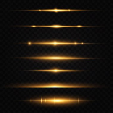Sarı yatay mercek fişekleri paketi. Lazer ışınları, yatay ışık ışınları. Şeffaf vektör ışık efekti seti, patlama, parlaklık, kıvılcım, güneş patlaması.