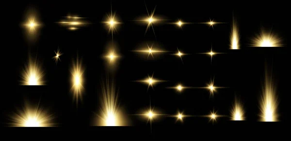 Estrellas Doradas Brillantes Efectos Luz Deslumbramiento Bokeh Brillo Explosión Luz — Archivo Imágenes Vectoriales