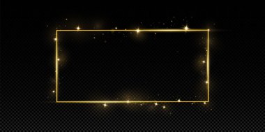 Işık efektli altın çerçeve. Parlak dikdörtgen pankart. Siyah şeffaf arka planda izole edilmiş. Vektör illüstrasyonuName.