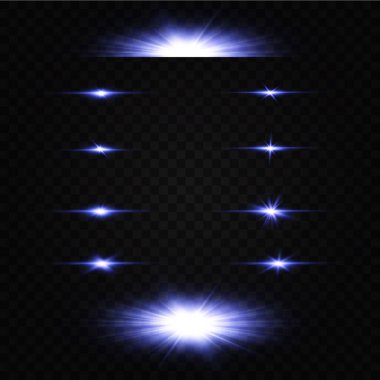 Mavi rengin vektör çizimi. Bir dizi ışık efekti. Parlamalar ve parıltılar. Parlak ışık huzmeleri. Parlak çizgiler. Vektör çizimi. Noel flaşı. toz