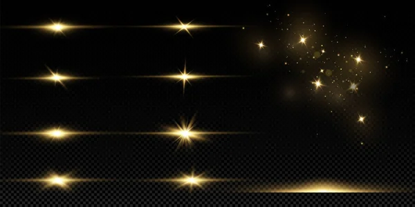 Estrellas Doradas Brillantes Aisladas Sobre Fondo Negro Efectos Deslumbramiento Líneas — Vector de stock