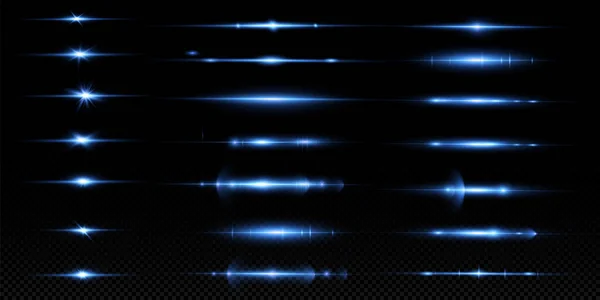 Paket Blå Horisontella Linser Bländning Laserstrålar Bländning Ljusstrålar Glödande Ränder — Stock vektor