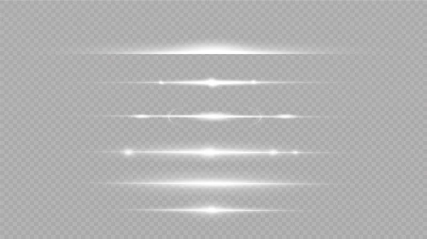 一套白色水平透镜照明弹 激光束 水平光束 发光透明矢量集光效 太阳耀斑 — 图库矢量图片