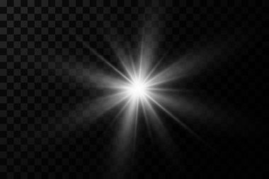 Beyaz parlayan ışık şeffaf bir arkaplanda patlar. Ray 'le. Şeffaf, parlak güneş. Parlak bir ışıltının merkezi.