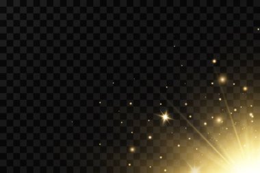 Noel ışığı etkisi. Parıldayan sihirli toz parçacıkları. Toz kıvılcımları ve altın yıldızlar özel ışıkla parlıyor..