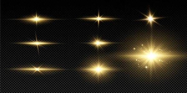 Estrellas Doradas Brillantes Efectos Luz Deslumbramiento Brillo Explosión Luz Dorada — Vector de stock