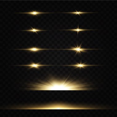 Parlayan altın yıldızlar. Işık efektleri, parıltı, parıltı, parıltı, patlama, altın ışık. Vektör illüstrasyonu.