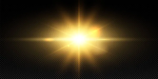 Leuchtende Goldene Sterne Sonne Isoliert Auf Schwarzem Hintergrund Effekte Blendung — Stockvektor