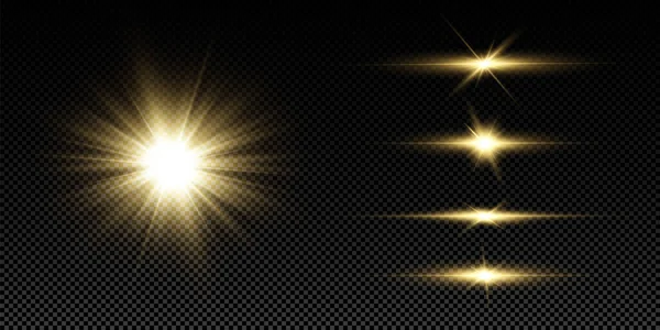 Estrellas Doradas Brillantes Efectos Luz Deslumbramiento Bokeh Brillo Explosión Luz — Archivo Imágenes Vectoriales