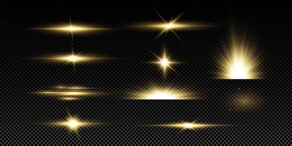 Estrellas Doradas Brillantes Efectos Luz Deslumbramiento Bokeh Brillo Explosión Luz — Vector de stock