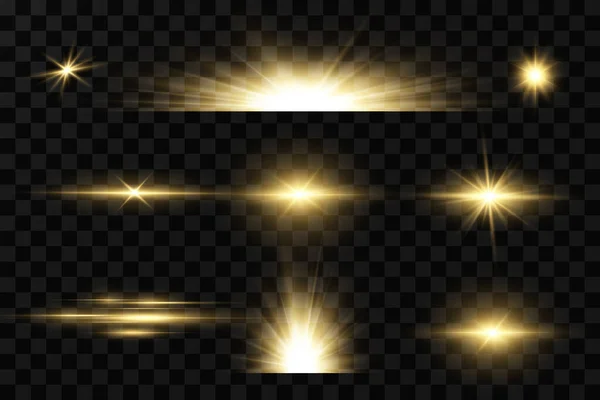 Estrellas Doradas Brillantes Efectos Luz Deslumbramiento Bokeh Brillo Explosión Luz — Vector de stock