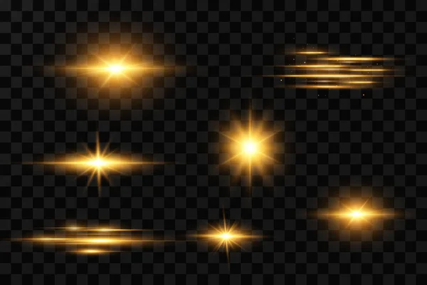 Estrellas Doradas Brillantes Efectos Luz Deslumbramiento Bokeh Brillo Explosión Luz — Vector de stock