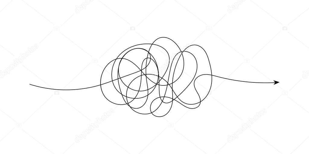 Insane messy line.Set of messy clew symbols connected between them line of symbols with scribbled round element, Freehand drawing. Black and white abstract scribbles, chaos doodles. Vector illustra.
