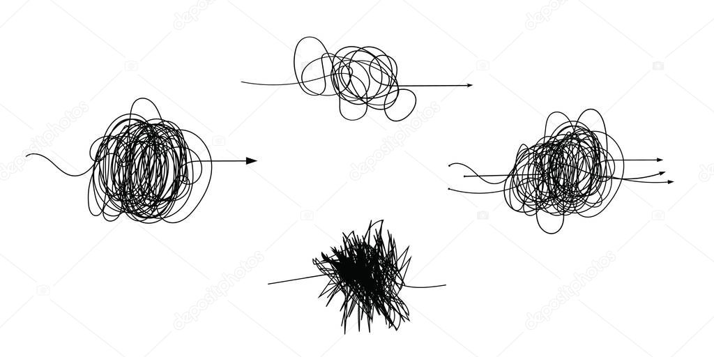 Insane messy line.Set of messy clew symbols connected between them line of symbols with scribbled round element, Freehand drawing. Black and white abstract scribbles, chaos doodles. Vector illustra.