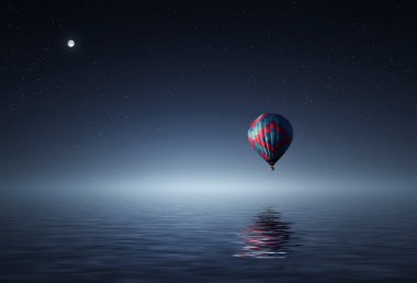 Air balloon flying over  water clipart
